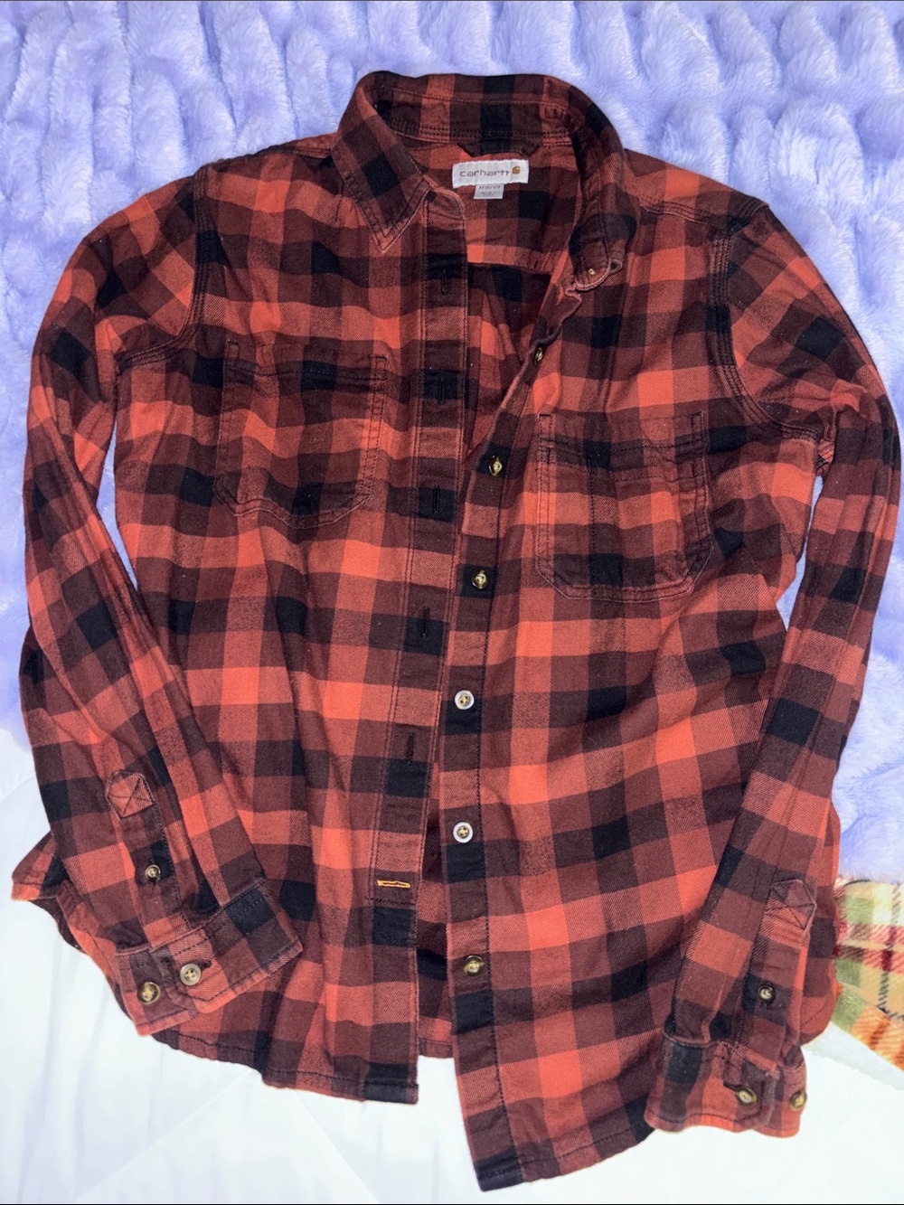 Carhartt Women’s Orange and Black Plaid Button-Down Shirt
